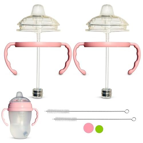 Sippy Cup Conversion Kit for Comotomo Baby Bottles 2-Count, Soft Food Grade Silicone Spout Nipples, All Silicone Weighted Straw, Bottle Handles, Cleaning Brush, BPA-Free, 4+ months (Sippy Spout, Pink)