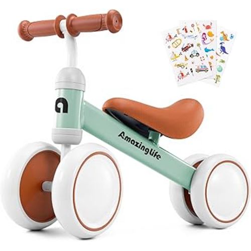 Balance Bike 1 Year Old, 10-24 Months Baby Balance Bike Toys, No Pedal Infant 4 Wheels Toddler Bike, Toddler Ride On Toys, Three Free Cartoon Stickers, First Birthday Gift for Boys Girls, Green