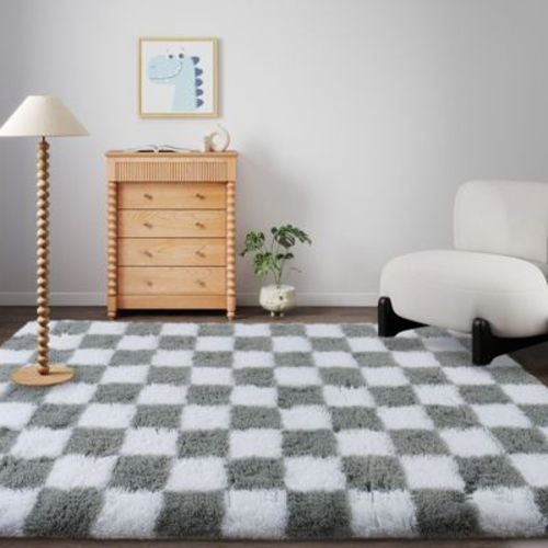 LOVEVOOK 5x7ft Checkered Area Rugs for Living Room, Bedroom, Soft Shaggy Grey and White Rugs Kids Room, Non-Slip Fuzzy Carpet Indoor
