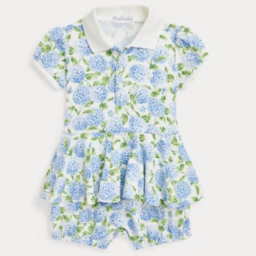 Floral Cotton Mesh Polo Bubble Shortall | Size: 3M