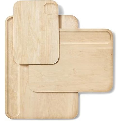 Caraway 4-Piece Double Sided Wood Cutting Board Set - Made From FSC-Certified Birch Wood - Mineral Oil & Wax Finish - 3 Sizes - Small, Medium, & Large - Storage Organizers Included