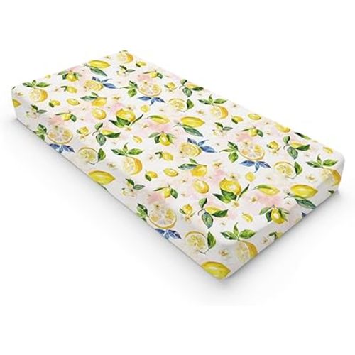 Watercolor Lemons Leaves Changing Pad Covers Summer Lemon Boho Flowers Leaves Fitted Baby Changing Table Sheets for Boy Girl Fruits Soft Breathable Stretch Diaper Change Table Pad Mats 32''x16''