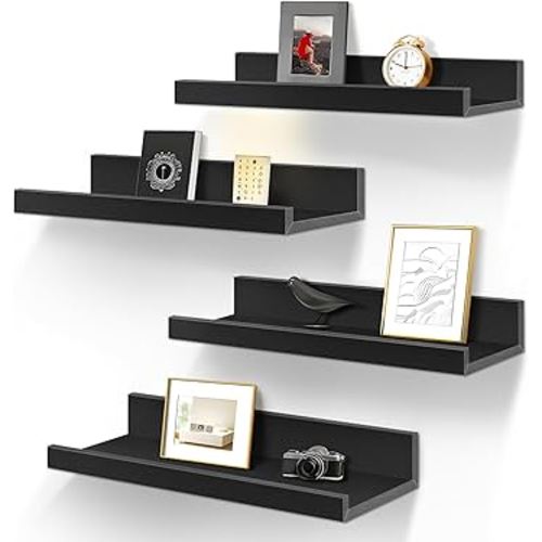 LaVie Home 16-Inch Black Floating Shelves for Wall Storage Set of 4 - Modern Minimalist Picture Ledge Shelf Wall Decor for Kitchen, Bedroom, Bathroom, and Living Room