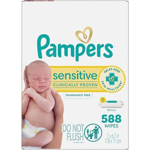 Pampers Baby Wipes Sensitive, Water Based Wipes, Hypoallergenic and Unscented for Babies, 588 Wipes Total (7 Refill Packs)