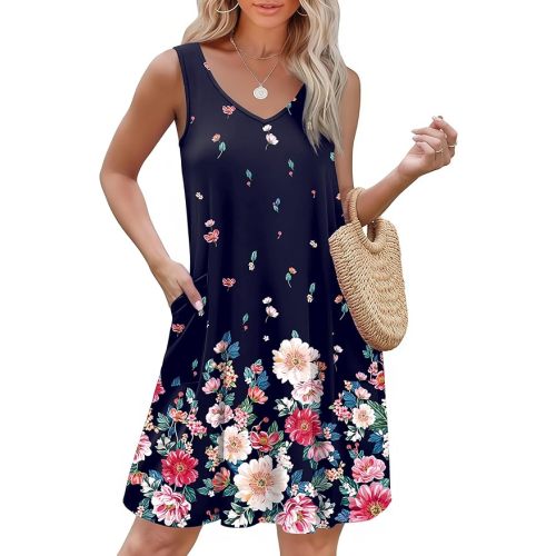 Ekouaer Women's Nightgown Sleeveless Nightshirt V Neck Chemise Soft Print Night Dress Sleepwear with Pockets