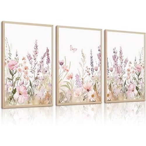 Nursery Girl Floral Wall Art Watercolor Wildflower Canvas Wall Decor Pruple Pink Flower Pictures Nursery Floral Art Prints Girl Room Wildflower Poster for Bedroom Bathroom 12x16 Inch Unframed Set of 3