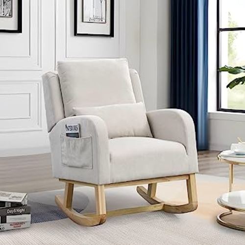 Rocking Glider Chair for Nursery, Wingback Accent Rocker Chair Upholstered Tall Back Arm Chair w/Side Pockets, Modern Leisure Single Sofa for Living Room, Hotel, Bedroom, Baby Room, Beige