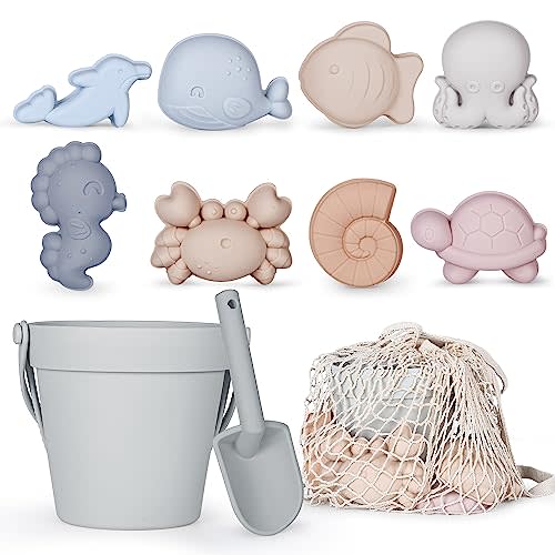 MarcZero 11Pcs Silicone Beach Toys,Modern Baby Beach Toys,Travel Friendly Beach Set,Silicone Bucket, Shovel, 8 Sand Molds, Beach Bag,Silicone Sand Toys for Toddlers, Kids (Gray)