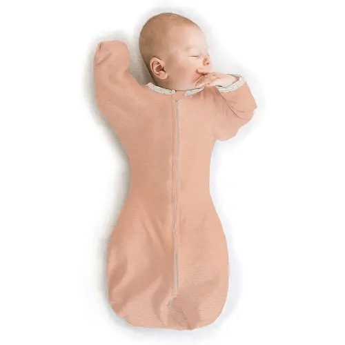 SwaddleDesigns Transitional Swaddle Sack with Arms Up Half-Length Sleeves and Mitten Cuffs, Heathered Peach Blush with Polka Dot Trim, Small, 0-3 Mo, 6-14 lbs (Better Sleep, Easy Swaddle Transition)