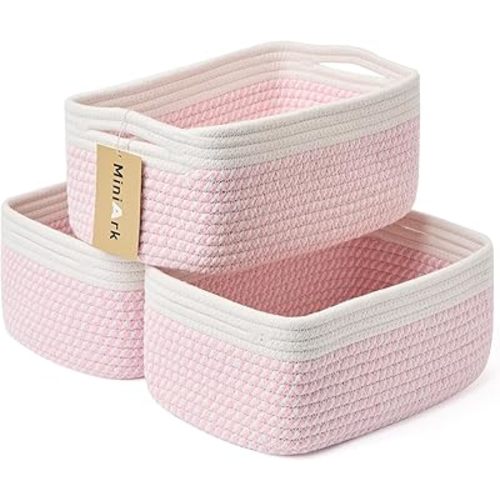 Shelf Storage Baskets for Organizing | Closet Organizer Bins | Small Toy Basket | Woven Rope Baskets | Cube Decorative Box | Shallow Basket | 13x8.5x5.1” | 3 Packs White Pink