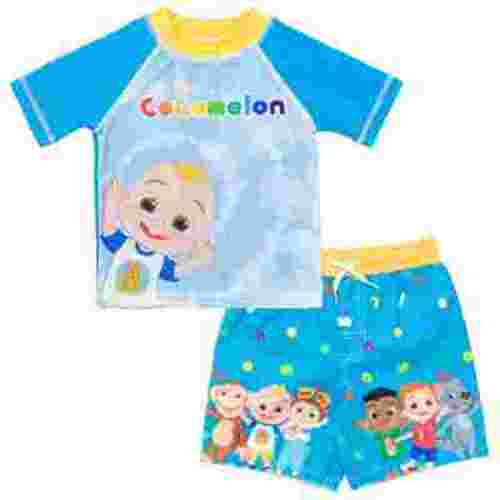 CoComelon Nico Tomtom Mochi JJ Wally Cody Infant Baby Boys Rash Guard and Swim Trunks Outfit Set Tie Dye Blue 12 Months