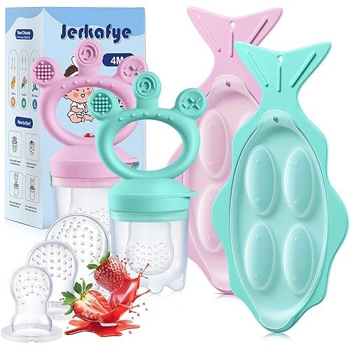 2 Pack Baby Fruit Feeder, with Mini Freezer Tray, Breastmilk Popsicle Molds for Baby Teething Relief, Silicone Teething Toys, Teether Includes 5 Mesh Food Pacifier