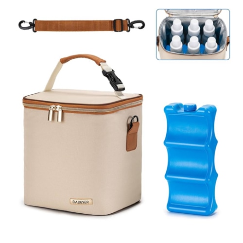 Breastmilk Cooler Bag with Ice Pack Fits 6 Baby Bottles Up to 9 Ounce, Baby Bottle Bag with Shoulder Strap for Nursing Mom Daycare, Cream