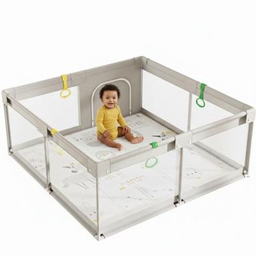 Fodoss Baby Playpen with Mat ，59 x59 In Playpen for Babies and Toddlers, Indoor & Outdoor Activity Center, Safety Baby Fence (light gray, 59*59*25IN)