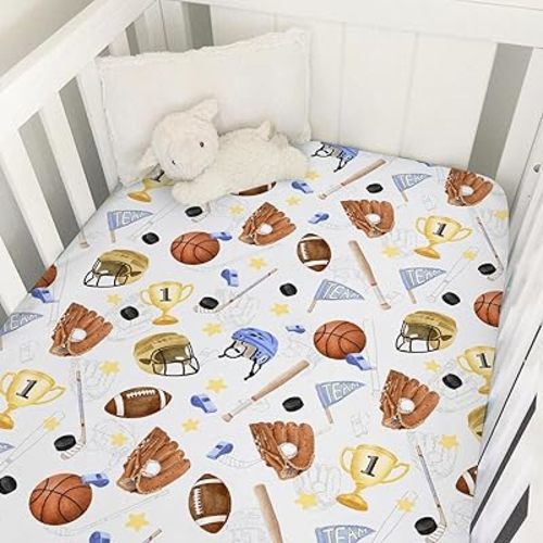 Baby Sports Baby Crib Sheet 52''x28'' American Football Baseball Basketball Stretchy Fitted Crib Mattress Cover for Boy Girl Sports Lovers Gift Soft Baby Sheets for Standard Crib Toddler Mattress