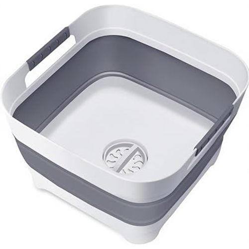 2.4 Gal Collapsible Wash Basin with Drain Plug, Space-Saving Multiuse Foldable Bucket, Portable Sink Tub, 9L Dishpan for Flush Pump Parts, Ice Beverage Tubs for Camping, Vegetable Washing, RV (Gray)