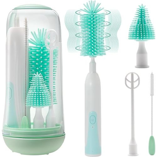 Electric Bottle Brush Cleaner, Rechargable Electric Baby Bottle Brush for Travel, Waterproof Electric Bottle Cleaner Set with Nipple & Straw Brush, Perfect Essentials Gift for Mom After Birth, Green