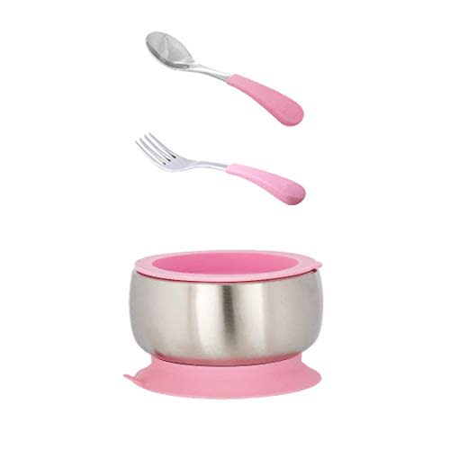 Avanchy Stainless Steel Suction Bowl with Lids - 3" x 5" +Avanchy Baby Stainless Steel Fork & Spoon Set - 9 Months and Older - Baby Forks and Spoons for Self Feeding - BLW Utensils (Pink)