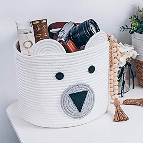 CherryNow Bear Basket, Cotton Rope Basket, Woven Laundry Hamper, Toy Storage Bin for Kids, Clothes in Bedroom, Baby Nursery & Living Room, 10'' (H) x 12'' (D) - 10''(H) x 12''(D) - White