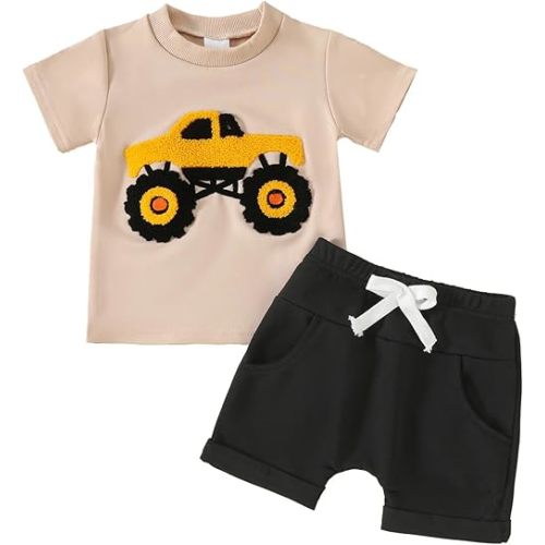 Toddler Baby Boy Summer Clothes Embroidered Farm Tractor Shirt and Short Set 2-Piece Outfits for Boys