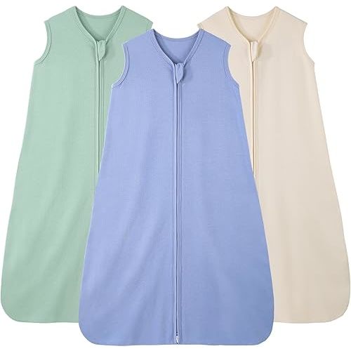 Baby Sleep Sack 6-12 Months, 100% Cotton Sleeping Sack for Newborn and Infant, 3 Pack Baby Wearable Blanket, 0.5 Tog Lightweight Double Zipper Sleep Bag Apricot