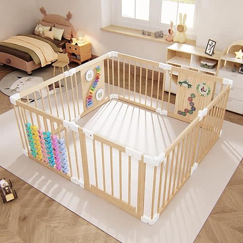Baby Playpen - Adjustable Multi-Shape Wooden Play Yard, Portable Collapsible Activity Center with Baby Fence Play Area & Toys for Infants, Toddlers (55.9x55.9x24inch