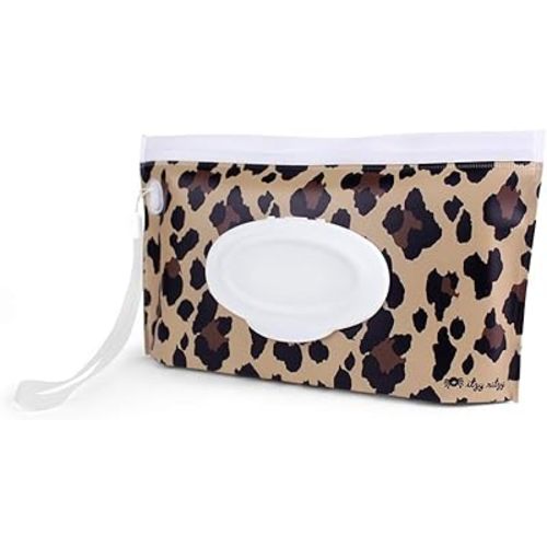 Itzy Ritzy Travel Wipes Case - Reusable Wipe Pouch – Take & Travel Pouch Holds Up To 30 Wet Wipes, Includes Silicone Wristlet Strap, Leopard