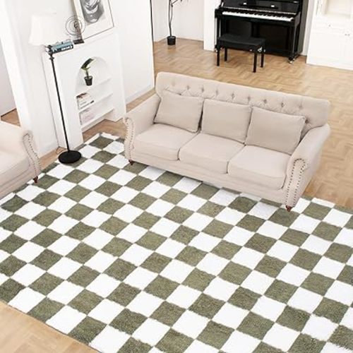 Super Soft Rug for Bedroom, 8x10 Ft Green and White Area Rug Classic Checkered Shaggy Rug Anti-Skid High Pile Soft Fluffy Rug Fuzzy Carpet for Living Room Bedroom Kids Room Nursery, Dorm Home Decor