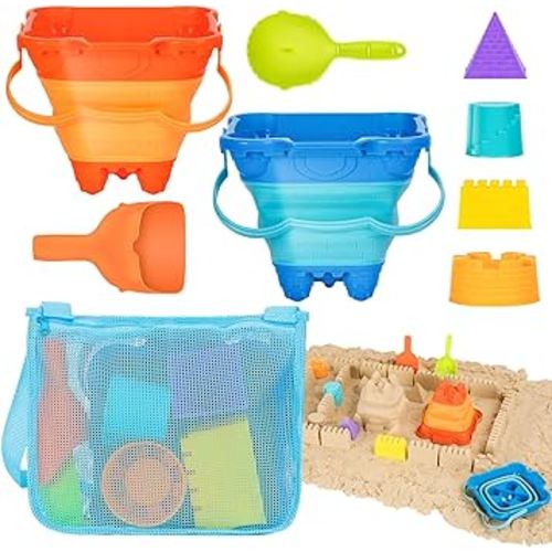 Beach Toys, Collapsible Sand Toys - 9pcs Sand Castle Building Kit: Foldable Sand Buckets, Shovels, Castle Molds & Packable Mesh Bag - Sandbox Toys for Toddlers, Kids Ages 3-12, Beach Travel