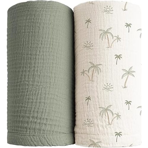 Konssy Muslin Swaddle Blankets for Boys Girls, 2 Pack Receiving Baby Blanket Large 47 x 47 inches, Soft Breathable Swaddling Wrap for Unisex Newborn (Tree,Fog Green)