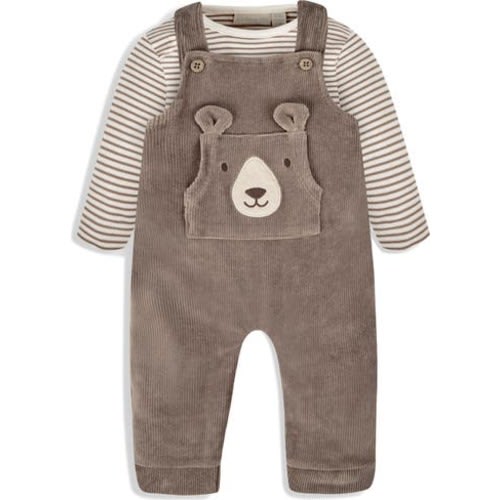 Stripe Long Sleeve Bodysuit & Bear Appliqué Overalls Set, 12-18M
