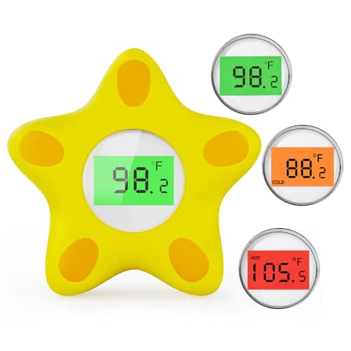 Baby Bath Thermometer, Infant Digital Water Thermometer Safety with 3 Color Backlit and Temperature Warning, Room Thermometer Floating Toy for Infant, Toddler, Bathtub, Swimming Pool (Yellow)