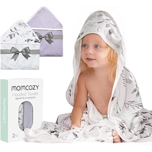 Momcozy Hooded Baby Towel, 2 Pack and Cotton Bath Towel with Hooded, Large 35 X 35 Inch, Baby Towel Set for Boy or Girl,Infant and Kid, Ink Wash Leaves