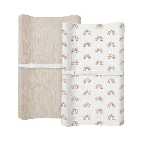 Lot de 2 housses de matelas à langer pour bébé, en mousseline de soie, style bohème, doux et respirant, beige et arc-en-ciel