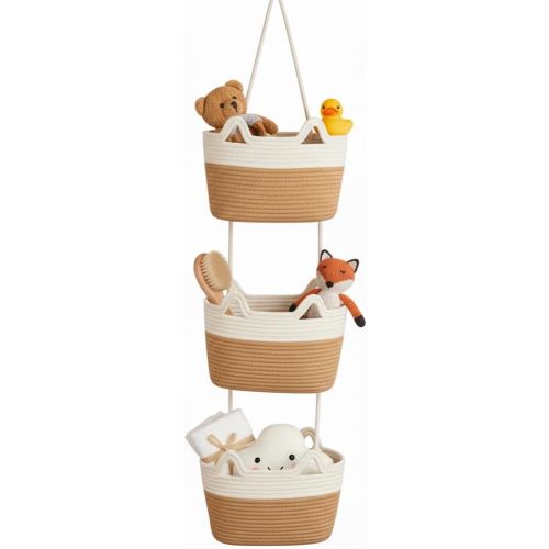 Hanging Wall Basket, Over the Door Hanging Basket with Hooks, Decorative Hanging Basket for Wall, Door, Nursery, Living Room, Bathroom, Cat-Like Design for Boho Decor, White & Jute