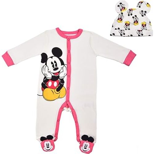 Disney Mickey Mouse Boys’ Long Sleeve Footed Romper and Hat Set for Newborn – Red/White/Gray
