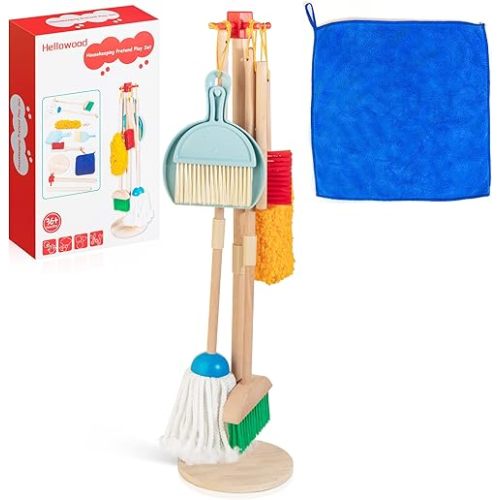 Kids Cleaning Set, 8pcs Housekeeping Play Set Includes Broom Mop Duster Dustpan Brushes Rag and Organizing Stand, Cleaning Toys Gift for Toddlers Girls Boys Age 3-6, Solid Beech Wood