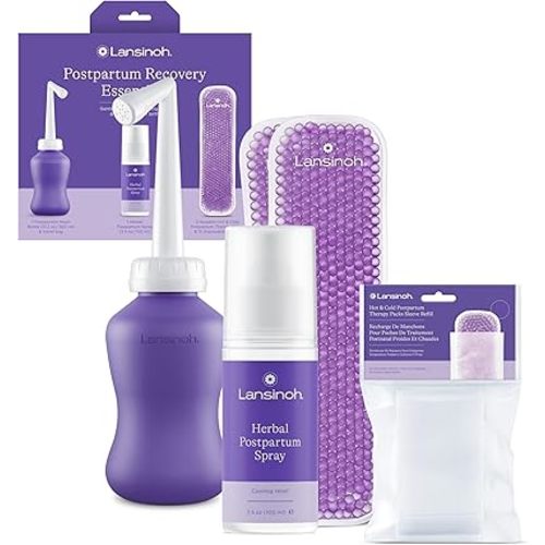 Lansinoh Postpartum Essentials Kit, Includes Upside Down Peri Bottle, Herbal Perineal Spray, Reusable Perineal Ice Packs and Sleeves