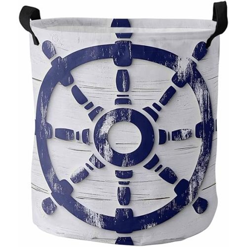 Navy Blue Coastal Large Laundry Basket, Waterproof Laundry Hamper for Baby Clothes, Nautical Summer Beach Ocean Foldable Laundry Baskets with Handles, 16.5"x17"