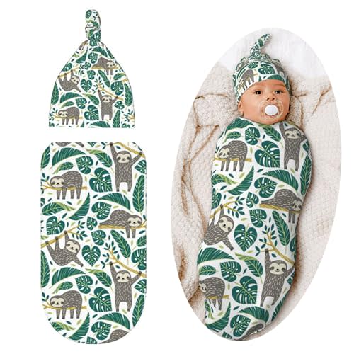 Lcokin Swaddle Blanket Cute Sloth Baby Stuff Newborn Baby Swaddling Blanket Sleep Sack with Beanie Hat Sets for Boys Girls Infant and Baby Shower Unisex
