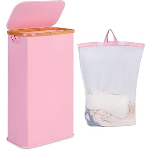 60L Slim Laundry Hamper, Narrow Laundry Basket with Lid,Foldable Clothes Hamper with Bamboo Handles,Hamper Basket with Removable Inner Bag for Clothes Toys Towels,Pink