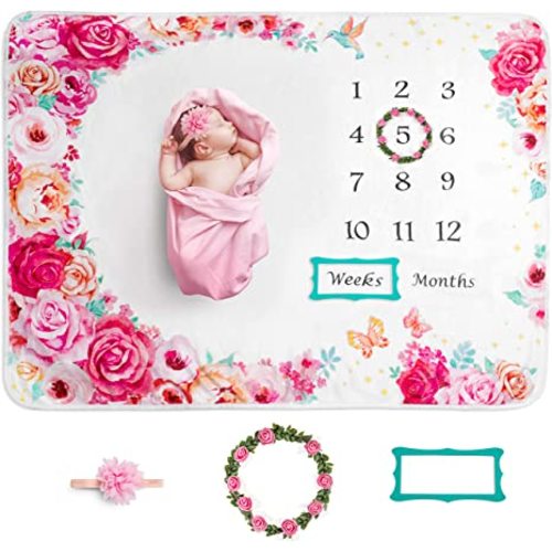 Month Blanket for Baby Girl, Baby Milestone Blanket Girl with Flowers and Butterflies, Pink Baby
