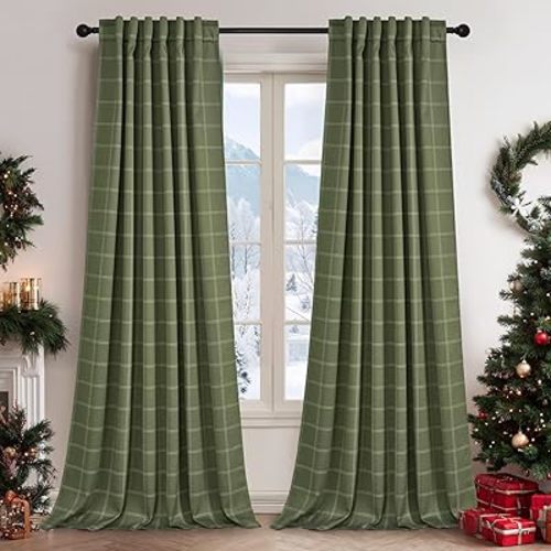 Plaid Blackout Curtains, Olive Green, 52" W x 96" L, 2 Panels