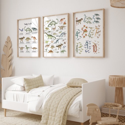 Dinosaur Nursery Prints Set of 2 or 3, Children's Art Prints, Dinosaurs Alphabet Wall Art Bundle, Posters for Baby Boys and Girls Room