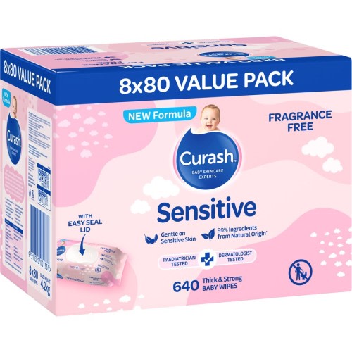 Curash Fragrance Free Baby Wipes 8 x 80 Value Pack