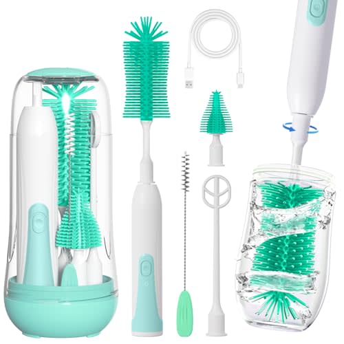 Electric Bottle Brush Cleaner, Portable Baby Bottle Washer, Travel Bottle Cleaner Brush Set with Silicone Water Bottle Brush, Nipple Brush, Straw Brush