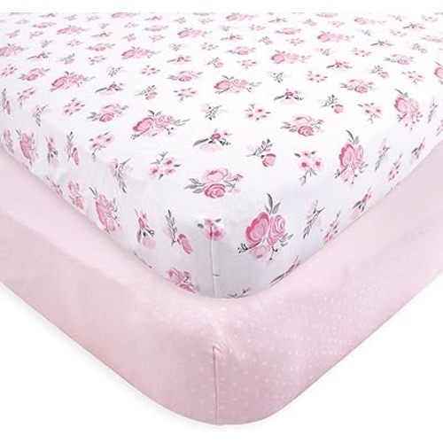 Hudson Baby Unisex Baby Cotton Fitted Crib Sheet, Pink Floral, One Size