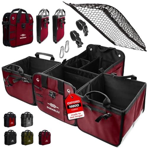 DURABLEZ Extra Large Car Trunk Organizer - Trunk Storage - Modular Detachable Configurable Collapsible - for SUV Minivan Truck Sedan Van - 4 Compartment XXL, Cherry