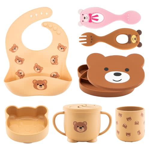 CHCC Silicone Baby Feeding Set 7 Pcs, Baby Led Weaning Supplies, Baby Feeding EatincSupplies Set BPA Free, Baby Essentialsfor Newborn Gift Bear