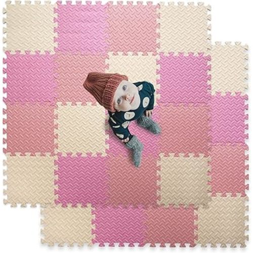 16 Tiles Foam Play Mat for Baby, Soft & Safe EVA Foam Mats for Floor, Square Baby Play Mat, Solid Colored Kids Foam Puzzle Floor Mat, 47x47 Play Mat for Playpen(Beige/Pink/Loli Pink)